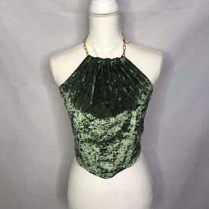 Just Polly green crushed velvet wrap and tie crop top halter top